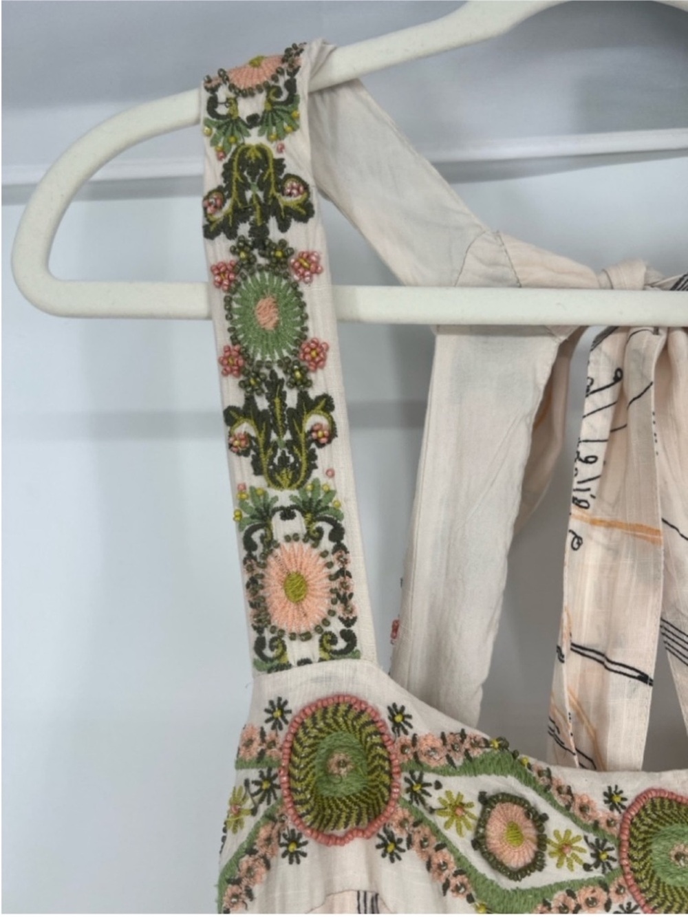 Anthropologie Pink Embroidered Beaded Square Neck Bohemian Tie Back Maxi Dress L - Picture 8 of 13